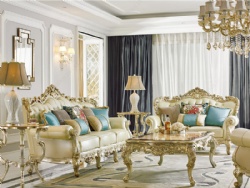 High-end Villa Golden Solid Wood Carved Leather Sofa Set