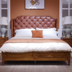 Minimalist American Style Cherry Wood Brown Leather Tufted Double Bed