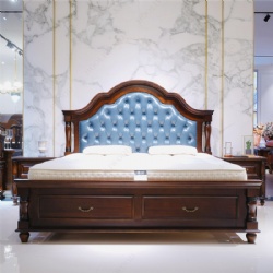 Minimalist Design American Style Solid Wood Sky Blue Chesterfield Leather Bed