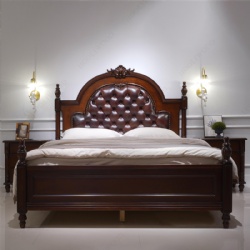 Classic Design American Style Wood Dark Blown Chesterfield Leather Bed