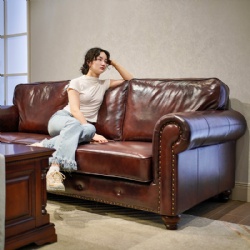 Classic Vintage American Style Brown Oil-Waxed Leather Furniture Sofa Set