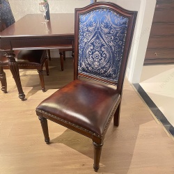 Blue Embroidery Fabric Wooden Leather Elegant High Back Dining Chair