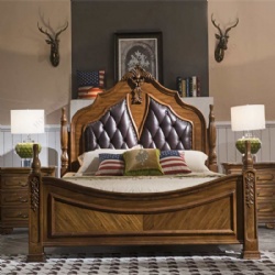 Classic American 4-Post Cherry Wood Carved Genuine Leather Bed